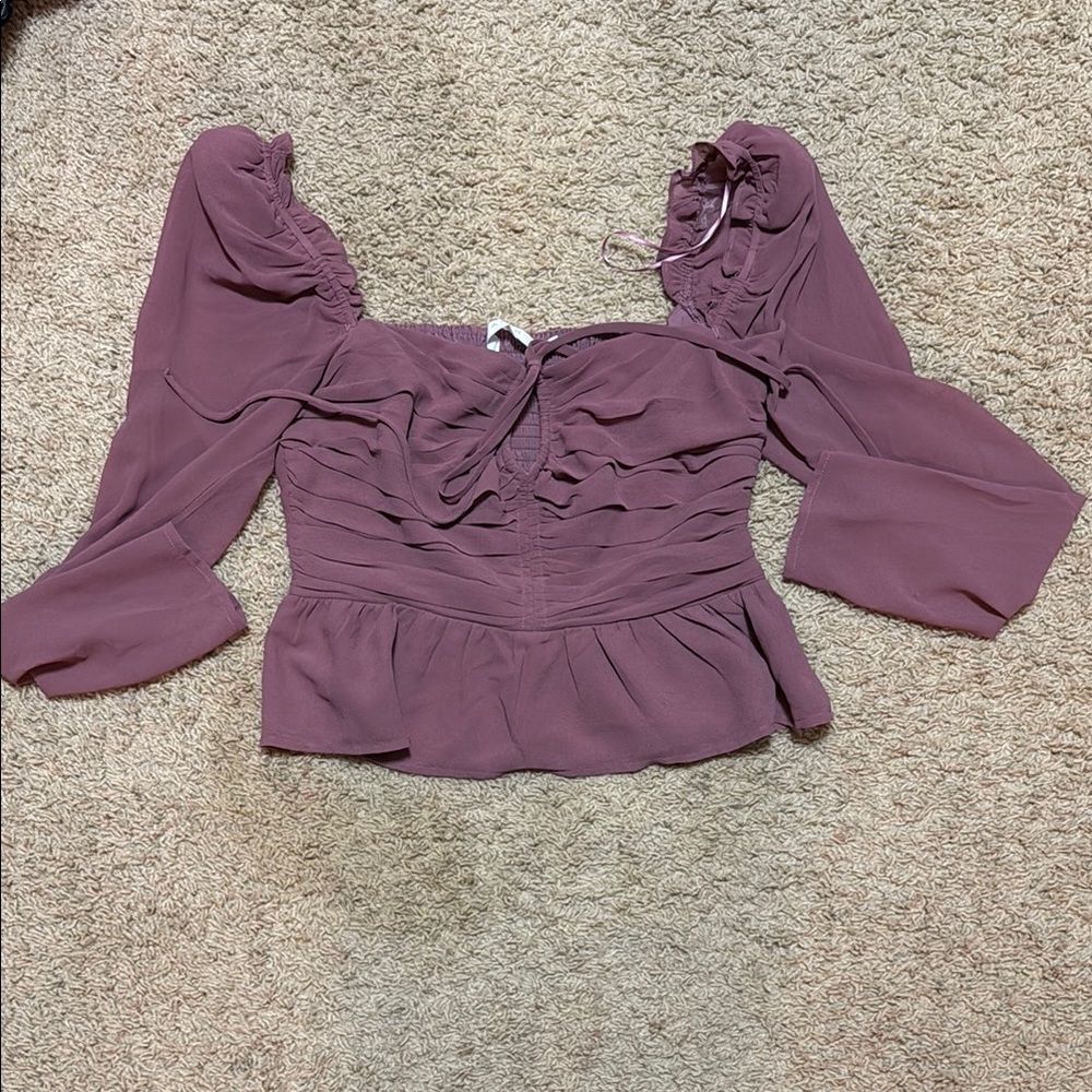 Mauve Puff Sleeve Ruched Peplum Long-sleeve Blouse